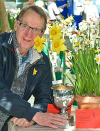 Prize winner with silver cup and perfect spring daffodils at the Spring Flower Show